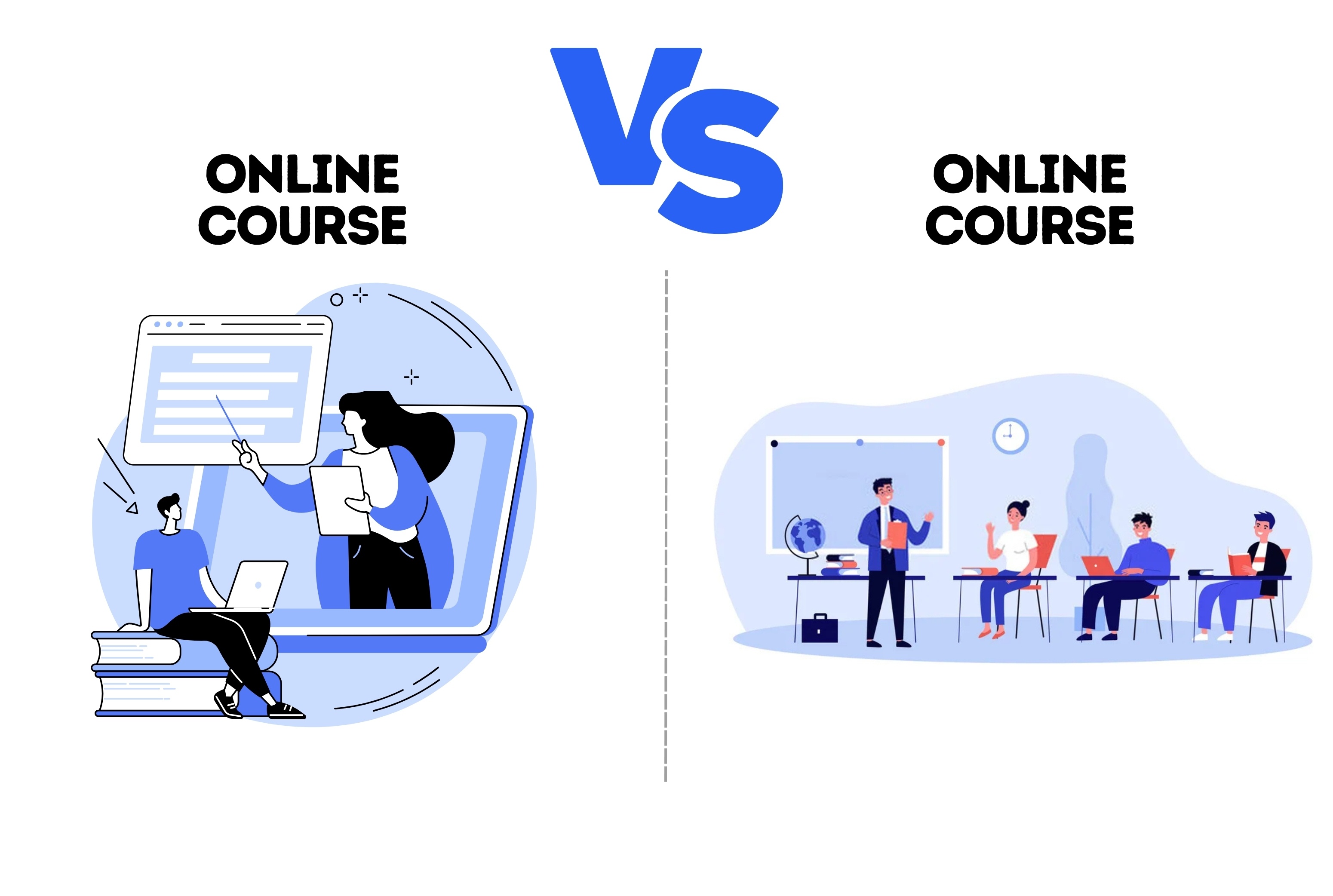 Comparación visual entre un curso online individual y una clase presencial, mostrando diferencias en metodología de aprendizaje.